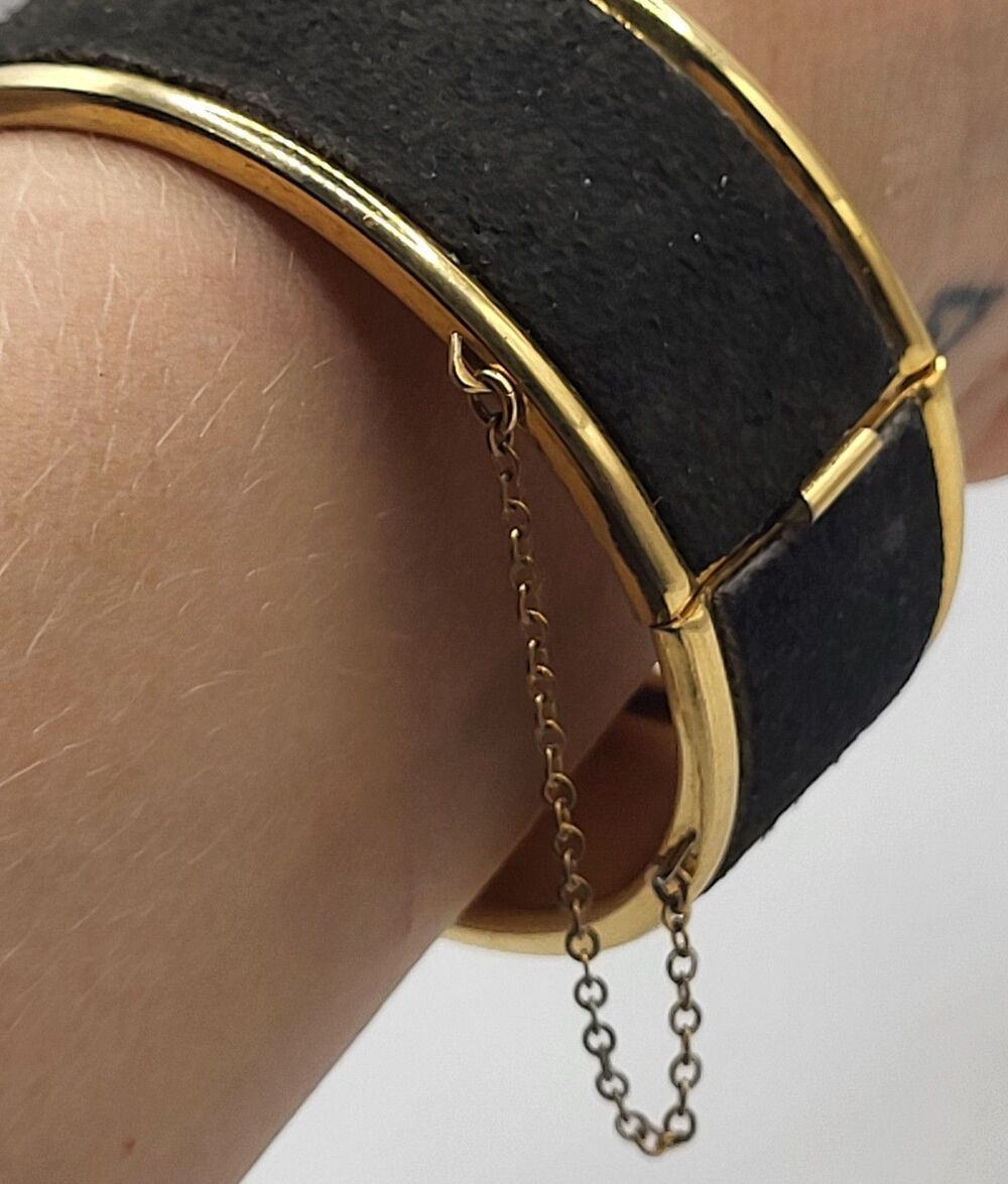 Wide GoldTone Hinged Bangle Bracelet Black Leather Safety Chain 80s Luxury sm